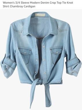 Modern Denim Crop Tie-Knot Shirt - Light Blue